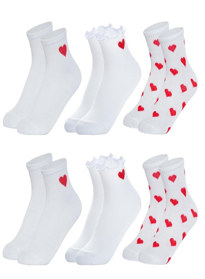 phnydreg 6 Pairs Heart Pattern Ankle Socks Red Heart Ruffle Quarter Socks for Women Girls - Image 1